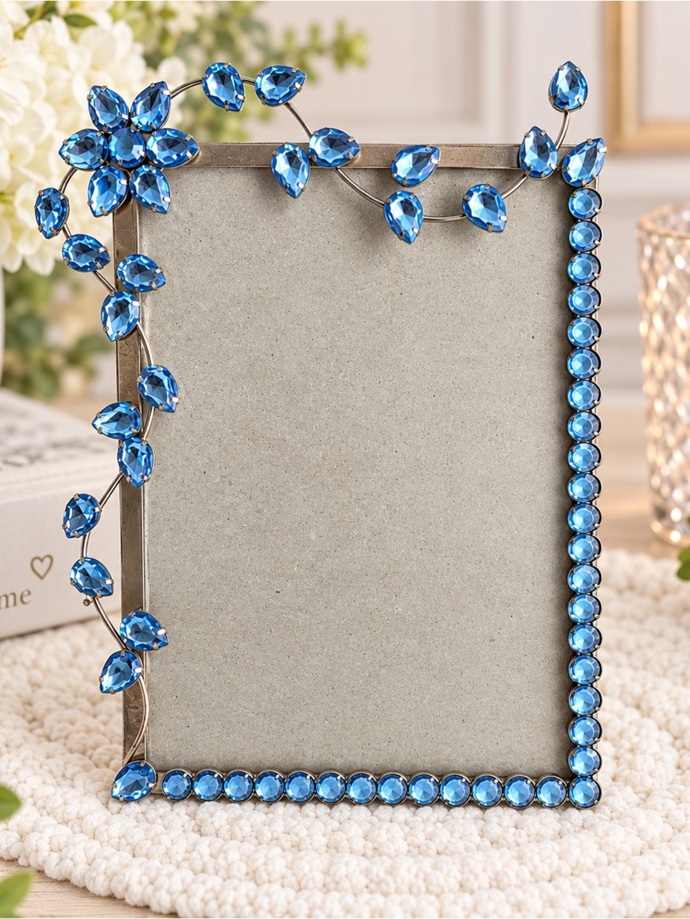 5x7 Blue Rhinestone Floral Vine Silver Tone Picture Frame Easel Back Sparkly